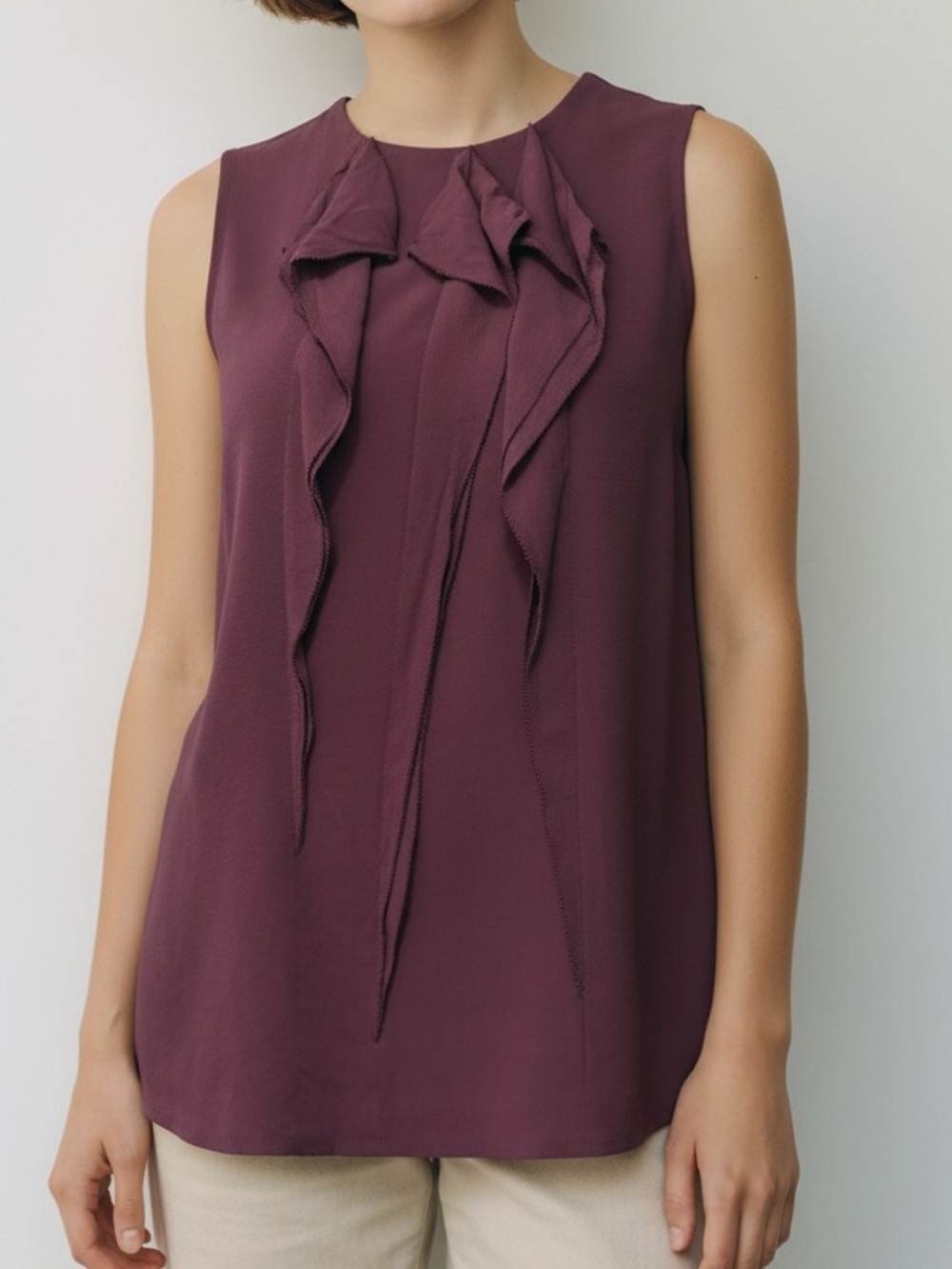 Vince Sleeveless Ruffled Silk Blouse Plum